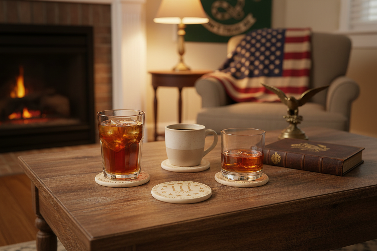 3 Percent Coasters on Coffee Table