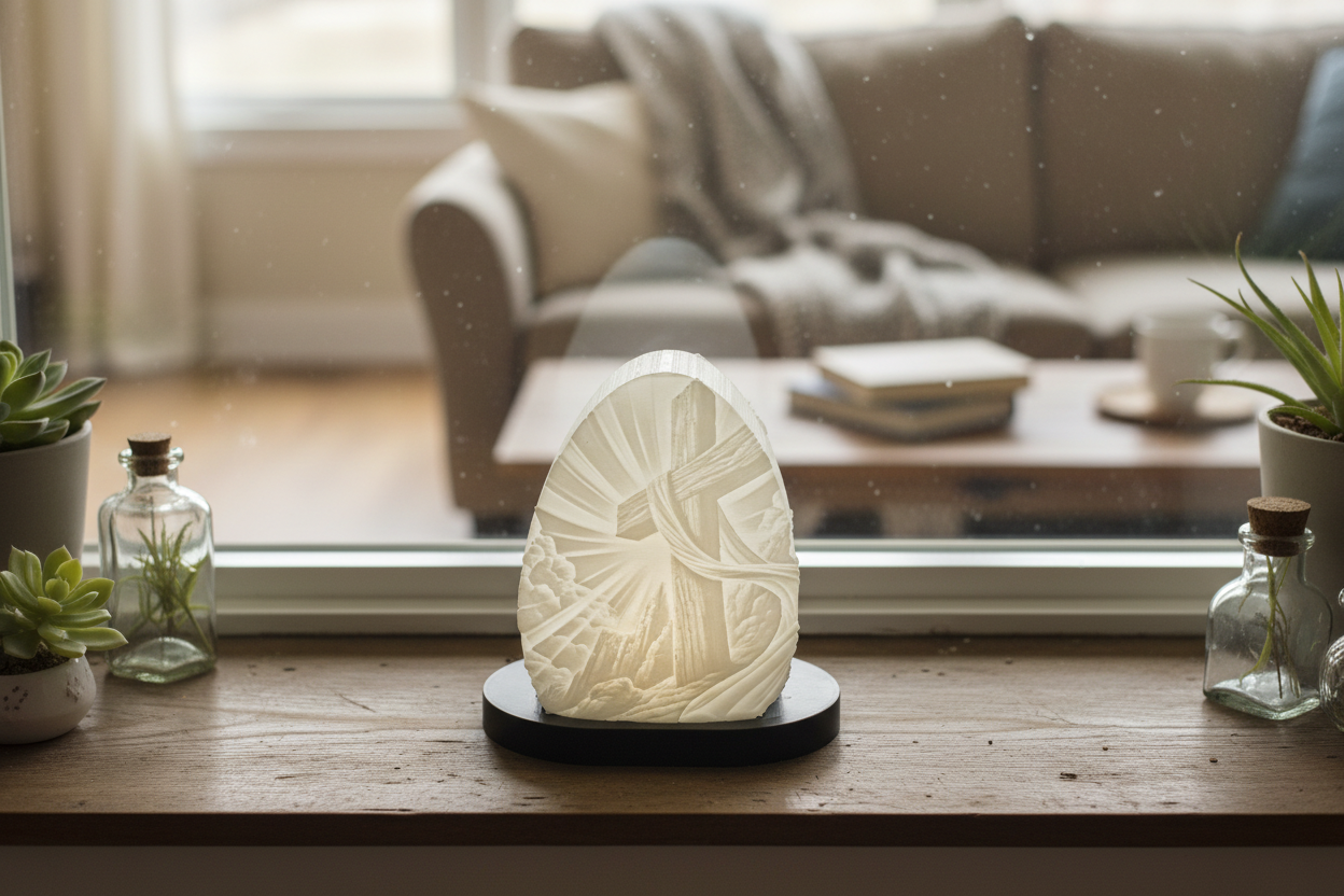 Christian Cross Lithophane on Windowsill