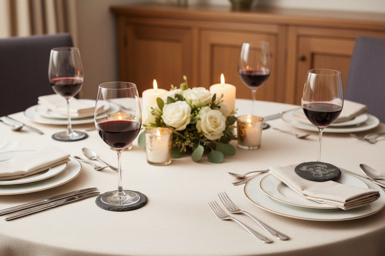 Personalized slate coasters on elegant dinner table