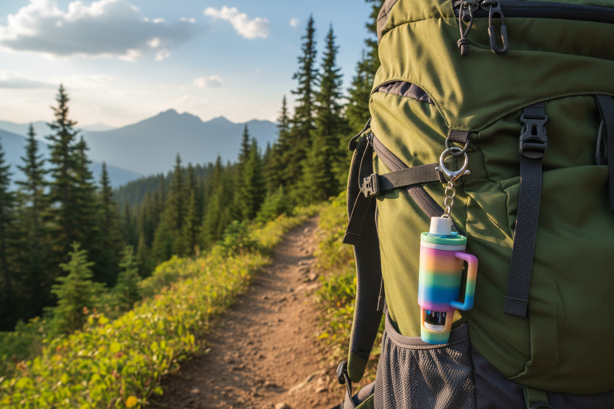 Jack-Jack Balm Buddy clipped to a hiking backpack on a trail