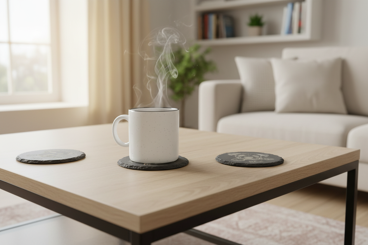 Slate coasters on coffee table
